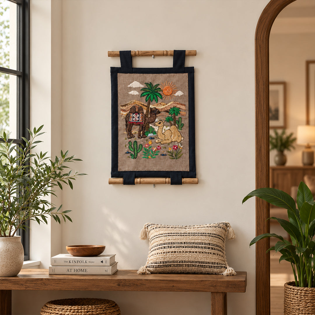 Handmade Aari Embroidered Tapestries | Antique Vintage Luxury Wall Art | Bohemian Office & Home Décor Gift. Aari Wall Hanging Camels