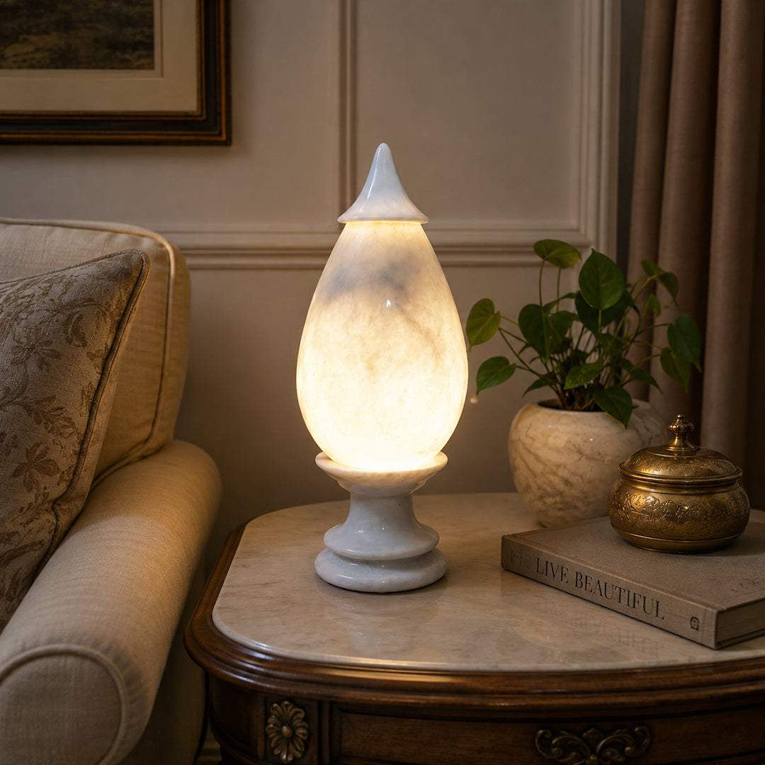 Hand-Carved White Marble Lamp – | Stress Relief Minimalist Boho design | Decor with Meditation remedy