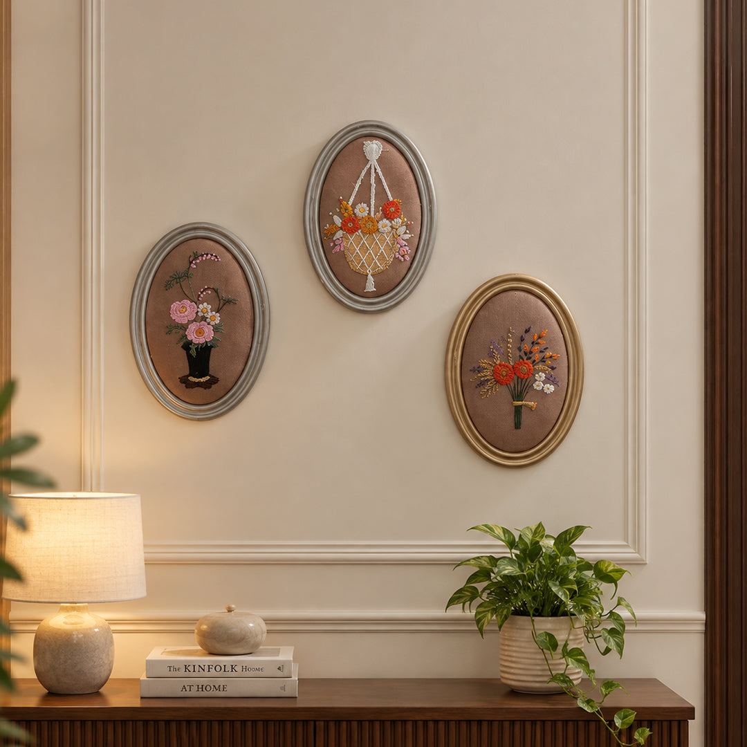 Handmade Aari Embroidered Tapestry | Wall Hanging | Antique Floral Wall Art | Unique Decor Gift. Set 4 (Small Oval )