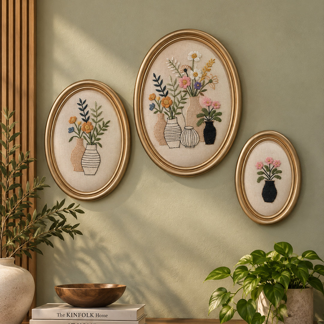 Handmade Aari Embroidered Wall Art | Antique Wall Hanging Tapestries | Bohemian Office & Home Décor Gift Aari Wall Hanging (Set 02 (Oval))