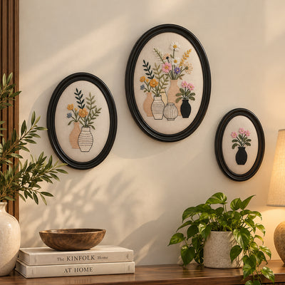 Handmade Aari Embroidered Wall Art | Antique Wall Hanging Tapestries | Bohemian Office & Home Décor Gift Aari Wall Hanging (Set 02 (Oval))