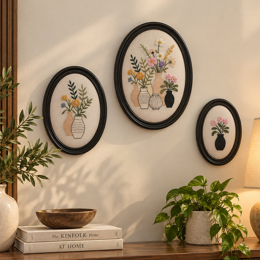 Handmade Aari Embroidered Wall Art | Antique Wall Hanging Tapestries | Bohemian Office & Home Décor Gift Aari Wall Hanging (Set 02 (Oval))