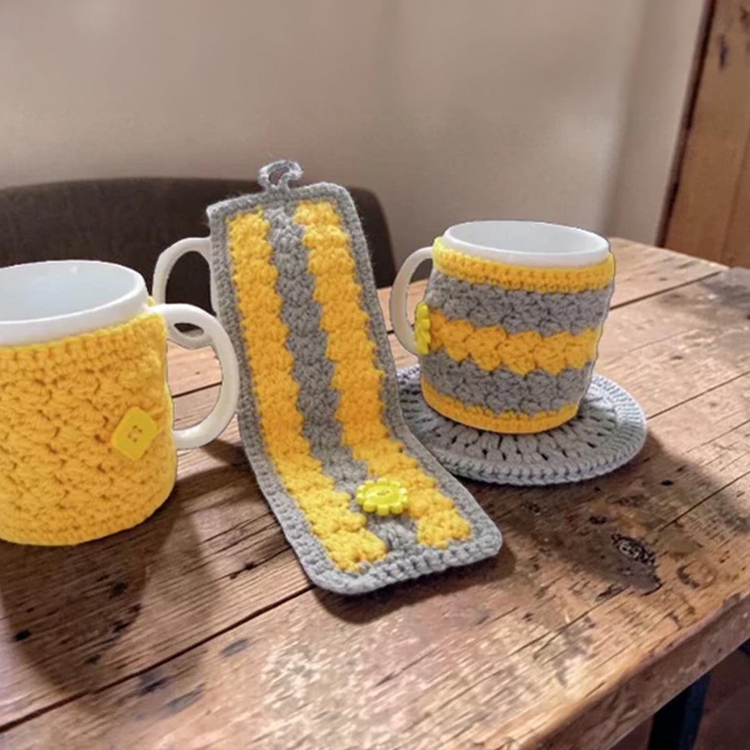 Crochet Cup Cozy with Coaster and Cover | Hand Knitted Mug Cozy Set | Warmth & Elegance